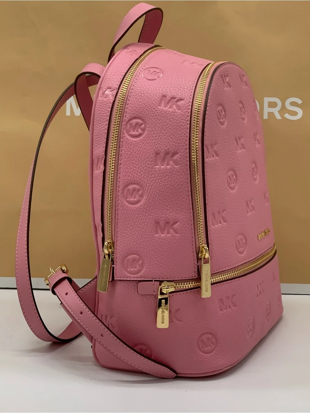 Michael Kors Rhea Carnation Medium Leather Backpack with Gold Hardware